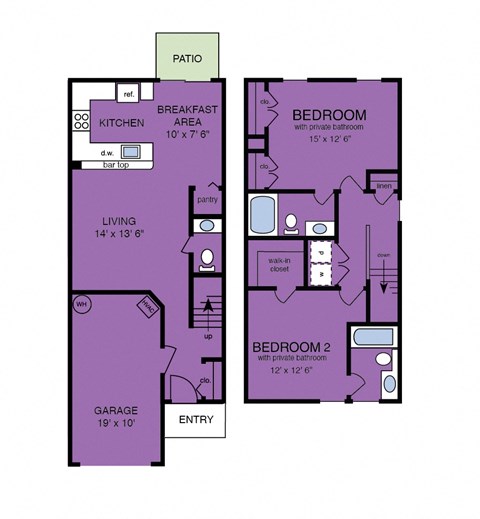 Floor plan for 2 beds, 2.5 baths, 1414 sqft